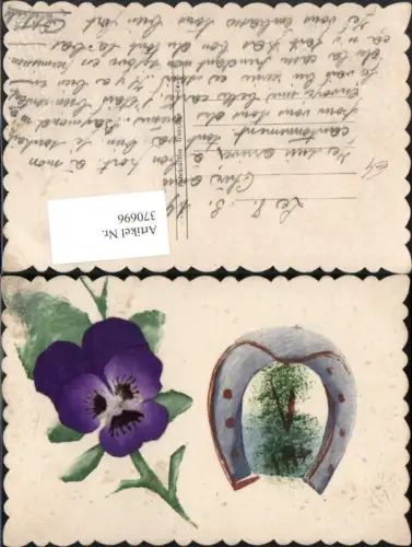370696,Material Künstler AK Stoff Stiefmütterchen Blume Hufeisen