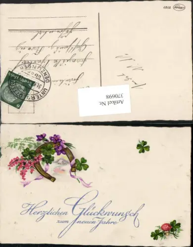 370698,Künstler AK Neujahr Winterlandschaft Hufeisen Veilchen Klee Pilz
