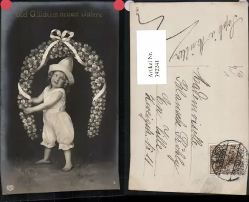 392241,Neujahr Kind m. Mütze Hufeisen Kleeblätter Klee Schleife pub EAS 5