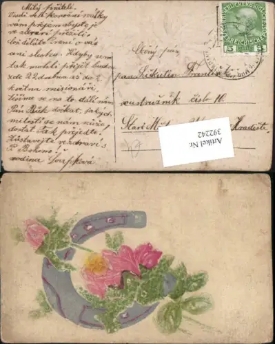 392242,Präge Relief Künstler AK Handgemalt Hufeisen Rosen Blume