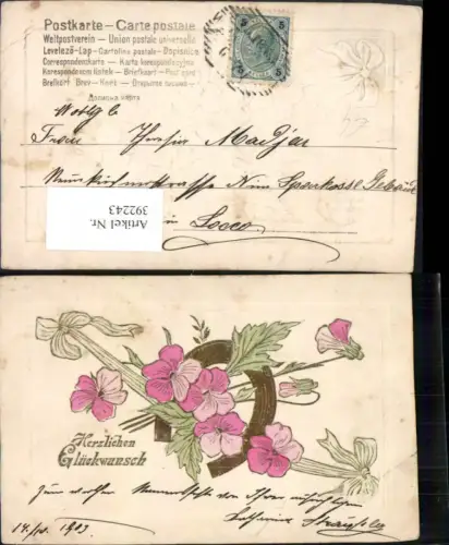 392243,Präge Künstler AK Glückwunsch Hufeisen Blumen