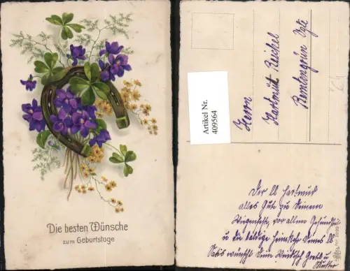 409564,Künstler AK Geburtstag Hufeisen Veilchen Klee pub Erika 1099
