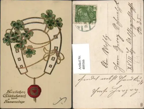 409566,Präge Künstler AK Goldverzierung Namenstag Hufeisen Klee Siegel pub EAS