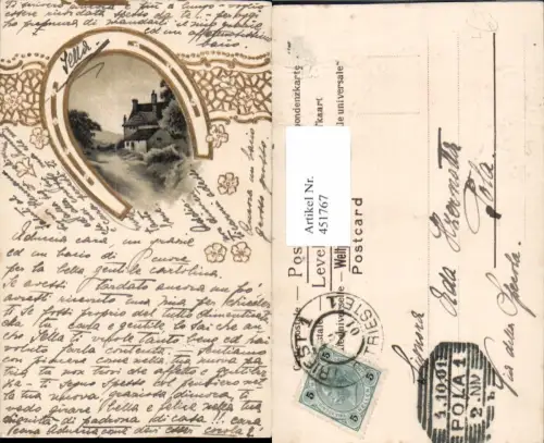 451767,Präge Künstler Litho Goldverzierung Hufeisen Landschaft Haus