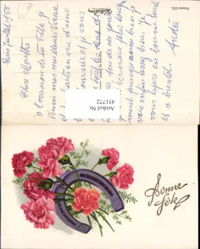 451772,Künstler AK Bonne Fete Hufeisen Nelken Blumen