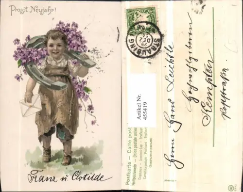 455419,Künstler Litho Neujahr Kind Hufeisen Brief Blumen