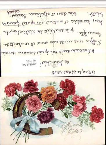 491994,Künstler AK Bonne Fete Hufeisen Nelken Blumen Schleife