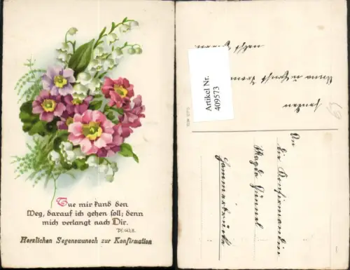 409573,Künstler AK Konfirmation Blumenstrauß Primeln Maiglöckchen Spruch