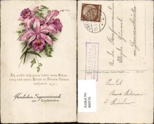 409576,Künstler AK Konfirmation Blumen Spruch Posthilfsstempel Beerheide Auerbach