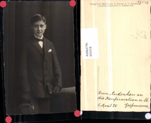 455518,Foto AK 1925 Konfirmation Bub Junge Bibel pub Gebr. Martin Augsburg