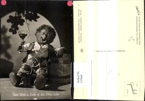 137664,Mecki Igel 8 Wein Weinglas Faß Ohne Wein u. Liebe ist das Leben trübe