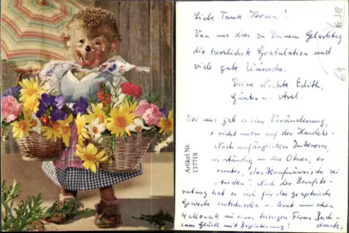 137718,Mecki Igel 318 Frau m. Blumenkörben Blumen Schirm