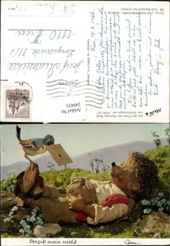 249433,Mecki Igel liegt in d. Wiese Vogel Blaumeise m. Brief pub Verlag f. Kunstfreunde Salzburg 303