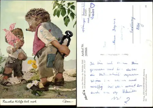 289866,Mecki 312 Igel Mann m. Beißzange Zange u. Bub Junge Zahnschmerzen Rasche Hilfe tut not