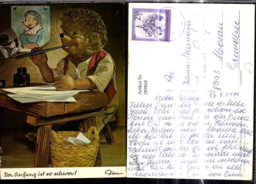 289868,Mecki 316 Igel Mann b. Schreiben Tintenfass Feder Papier Der Anfang ist so schwer pub Diehl Film