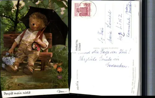 323669,Mecki 422 Vergiss mein nicht Igel schläft Schirm Blumenstrauß pub Diehl Film