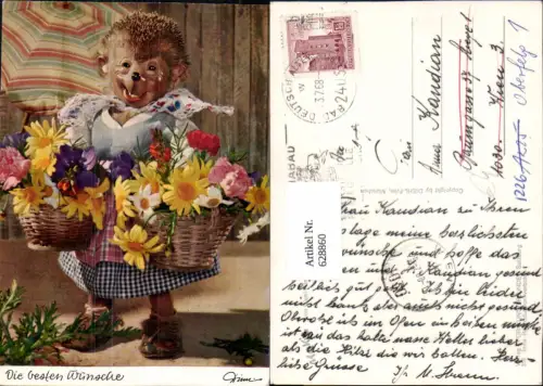 628860,Mecki 318 Igel vermenschlicht Frau Korb Blumen Die besten Wünsche