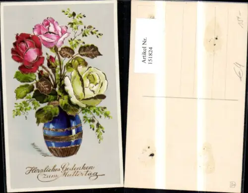 151824,Muttertag Präge Ak Blumenvase Vase Blumen Rosen Goldverzierung