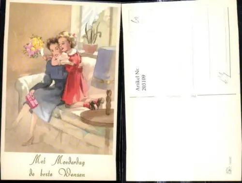 203109,Künstler Ak Frau m. Kind Mädchen Geschenke Blumen Strauß Moederdag Muttertag