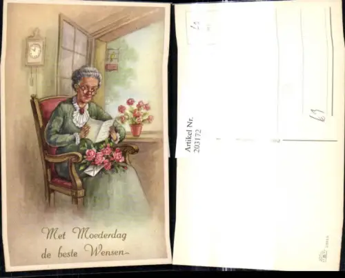 203172,Künstler Ak Alte Frau liest Karte Lesen Blumen Rosen Strauß Moederdag Muttertag