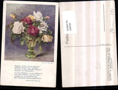 249538,Künstler AK Hermine Faulhaber Muttertag Rosenstrauß Rosen Vase Gedicht Spruch