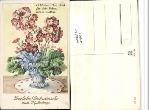491953,Künstler AK F. Milary Muttertag Spruch Blumen Primeln