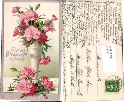 77418,Präge Litho Rosen Blumen Namenstag Vase