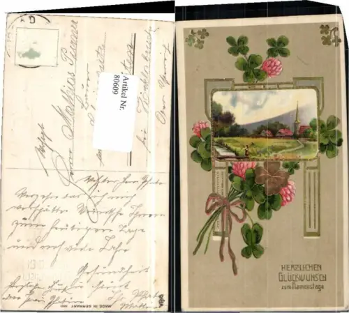 80609,Gold Druck Namenstag Kleeblatt Blumen Landschaft