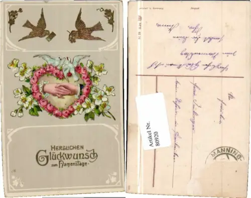 80920,Gold Druck Namenstag Tauben Blumen Rosen HWB 8279