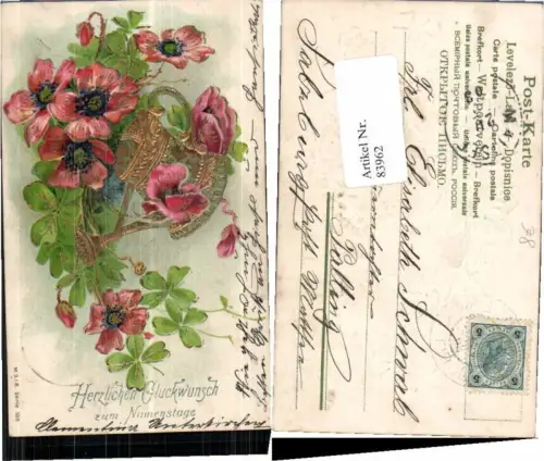 83962,Tolle Präge Litho Namenstag Kanne Blumen