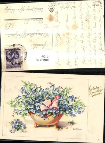 151204,Namenstag Blumenschale Blumen Schleife Glitzerschrift sign G F Milan
