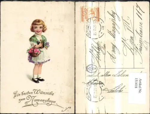 151418,Namenstag Mädchen m. Blumenkorb Blumen Glitzerschrift