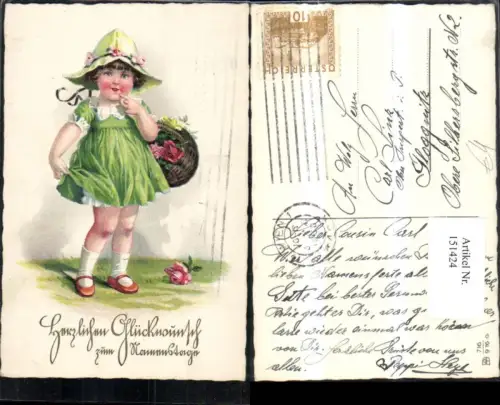 151424,Namenstag Mädchen m. Blumenkorb Blumen Rosen Glitzerschrift