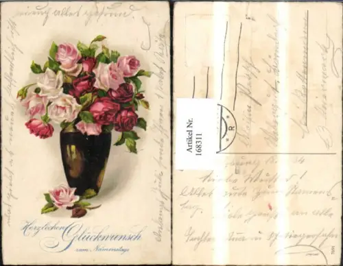 168311,Namenstag Blumenstrauß Rosen rot Vase