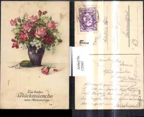 175567,Namenstag Vase m. Rosen u. Märzenbecher