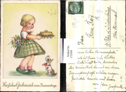 175599,Namenstag Mädchen m. Kleid Blumenstrauß Blumen Kuchen Hund m. Schleife