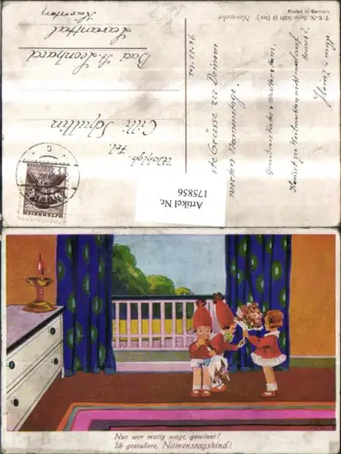 175856,Namenstag Künstler AK Borch Kinder Blumenstrauß Blumen Zimmer Kerze Vorhänge pub T.S.-N. 5020