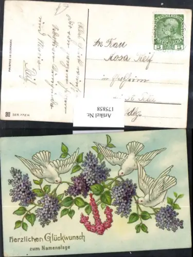 175858,Namenstag Golddruck Tauben Veilchen Blumen Blätter