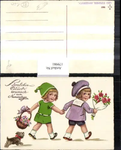 179981,Namenstag Kinder m. Haube Korb Blumen Rosen Hund