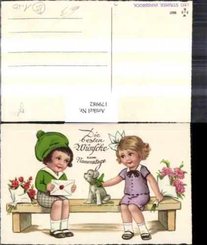 179982,Namenstag Kinder auf Sitzbank Brief Hund Blumen Rosen