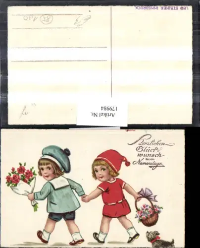 179984,Namenstag Kinder m. Hauben Hand in Hand Korb Blumen Rosen Hund