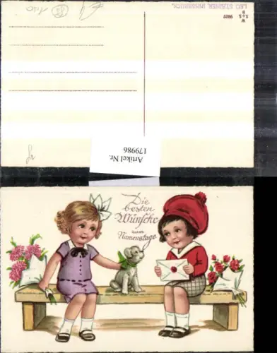 179986,Namenstag Kinder auf Sitzbank Brief Hund Blumensträuße Rosen