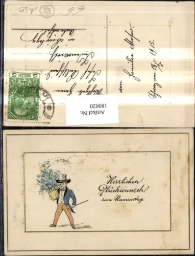 180020,Namenstag Präge AK Junge m. Zylinder u. Stock Blumenstock Blumen