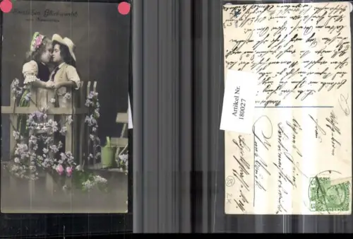 180027,Namenstag Mädchen u. Junge Hut Zaun Blumen Gießkanne