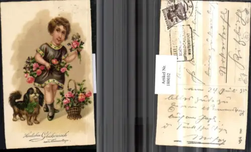 180032,Namenstag Mädchen m. Kleid Rosen Korb Hund Terrier