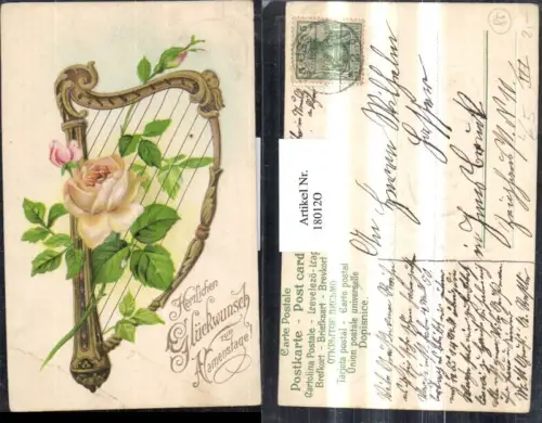 180120,Namenstag Präge Litho AK Harfe Rose Rosenblätter