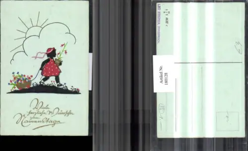 180128,Namenstag Kind m. Hut u. Kleid Blumenstock Wagen Blumen Sonne