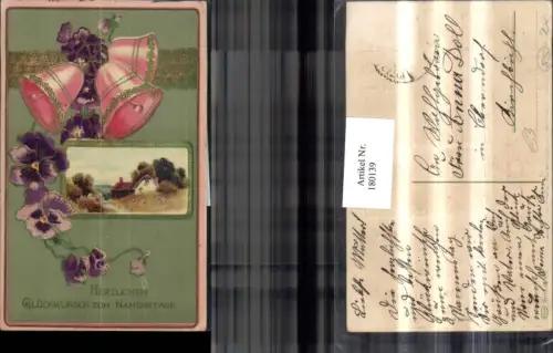 180139,Namenstag Präge AK Golddruck Glocken Veilchen Landschaft