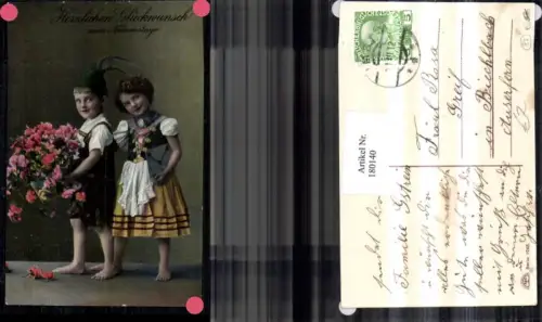 180140,Namenstag Junge u. Mädchen in Tracht Brief Blumenstrauß Rosen