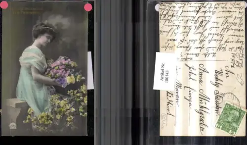 180143,Namenstag Mädchen m. Kleid Korb voll Blumen